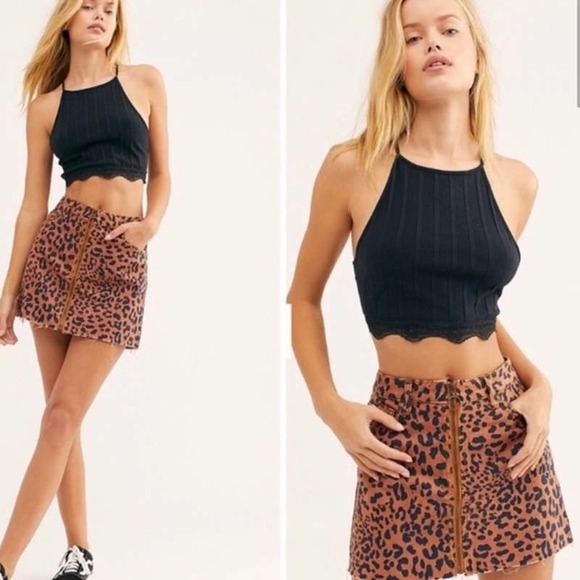 Free People Skirt 26 Orange Black Leopard Print Denim Mini Zip It Up High Rise - Picture 1 of 11